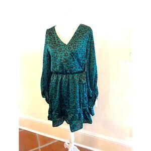 Peach Love California Adley Satin Animal Leopard print faux Wrap dress Sz S